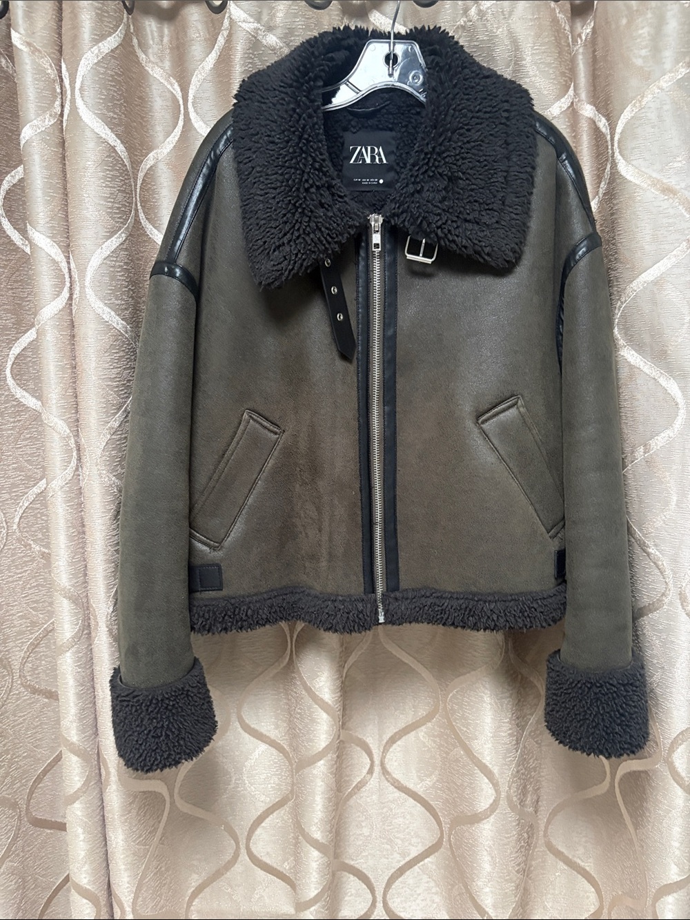 Zara Faux Suede Military Green with Black Faux Shearling Trim